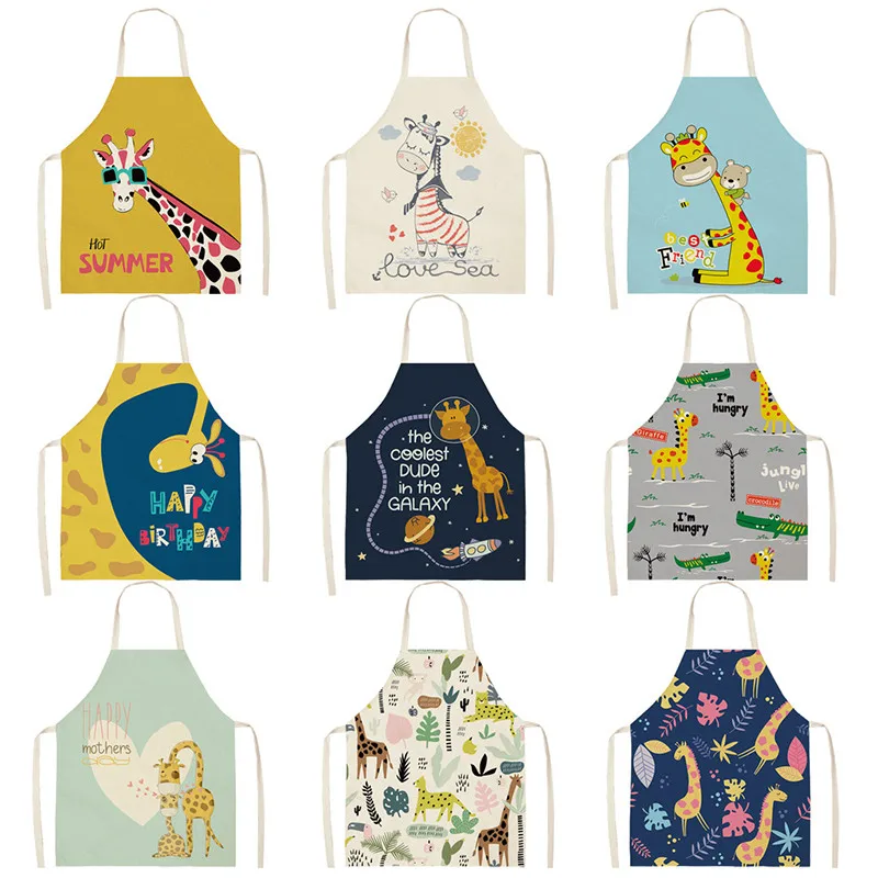 

Cartoon Apron Antifouling Kitchen Apron Giraffe Cotton Linen Sleeveless Women Chef Cooking Aprons Kitchen Accessories