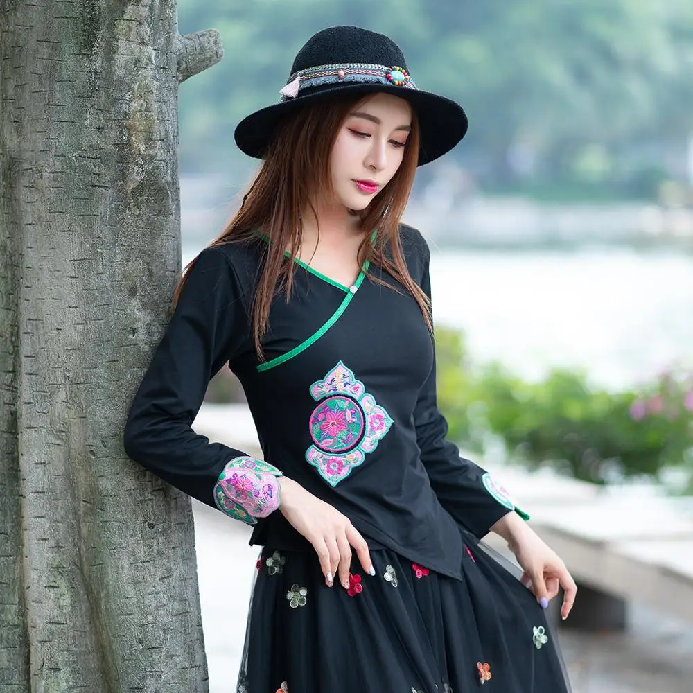 Женская хлопковая блузка с длинным рукавом KYQIAO элегантная традиционная