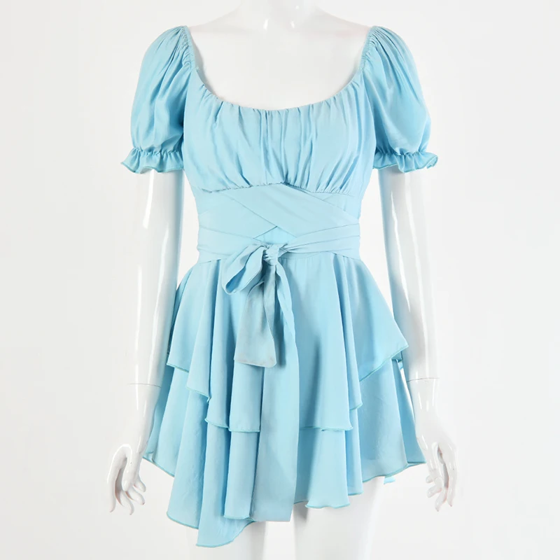 

2020 Women Solid Wrap Dress Summer Short Sleeve Ruffles Multi-layer Irregular Hem Slim Bandage Mini Party Vestidos Sexy SJ6757V