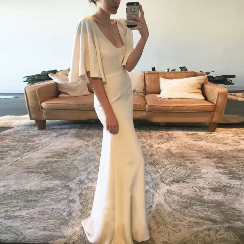 Formal Simple Sexy V-Neck Flutter Sleeves Mermaid Satin Wedding Dresses Floor Length Backless Bridal Gown Custom Made