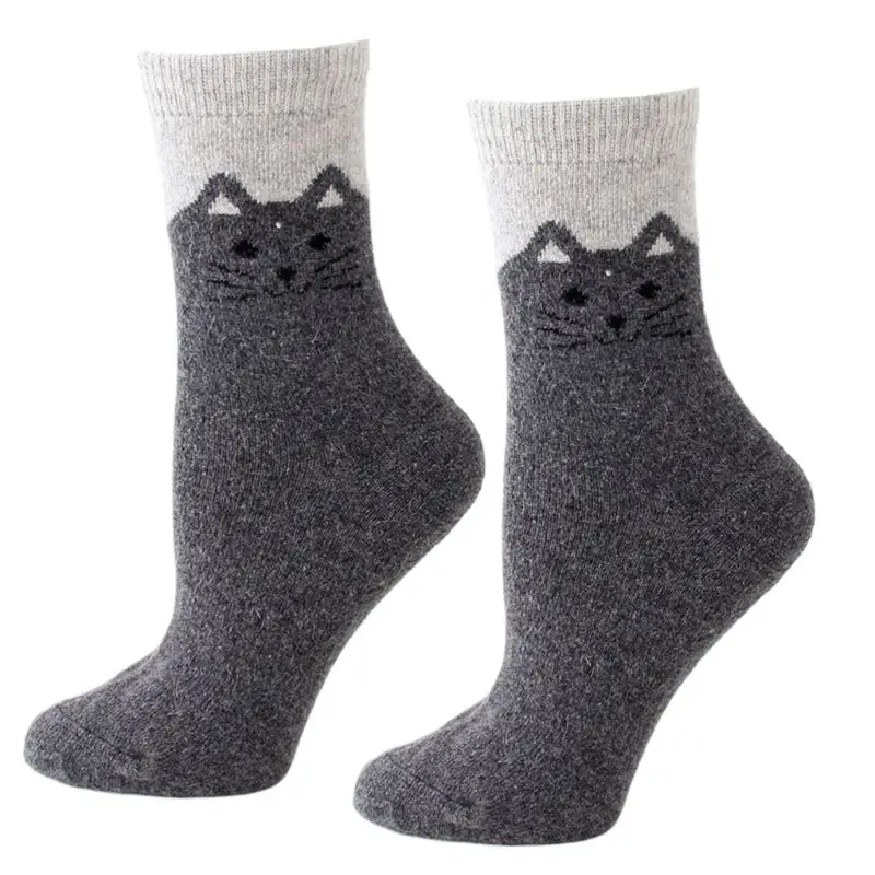 

Unisex Winter Faux Wool Crew Socks Contrast Color Cute Meow Thermal Hosiery X5XD