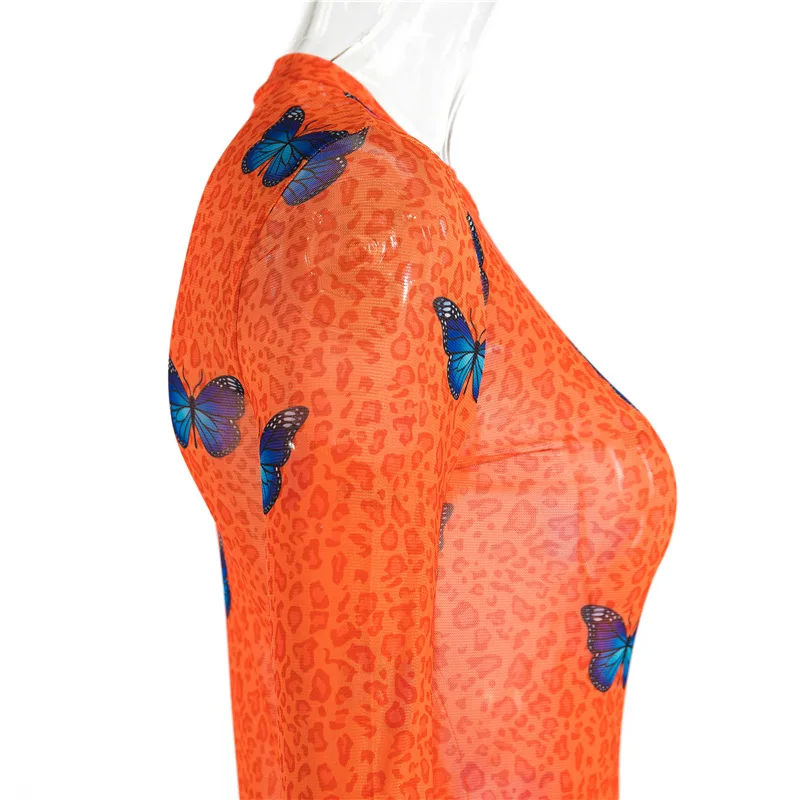 

Leopard Butterfly Print Dress for Women Autumn Long Sleeve Round Neck High Waist Sexy Mesh Skinny Mini Package Hip Dress