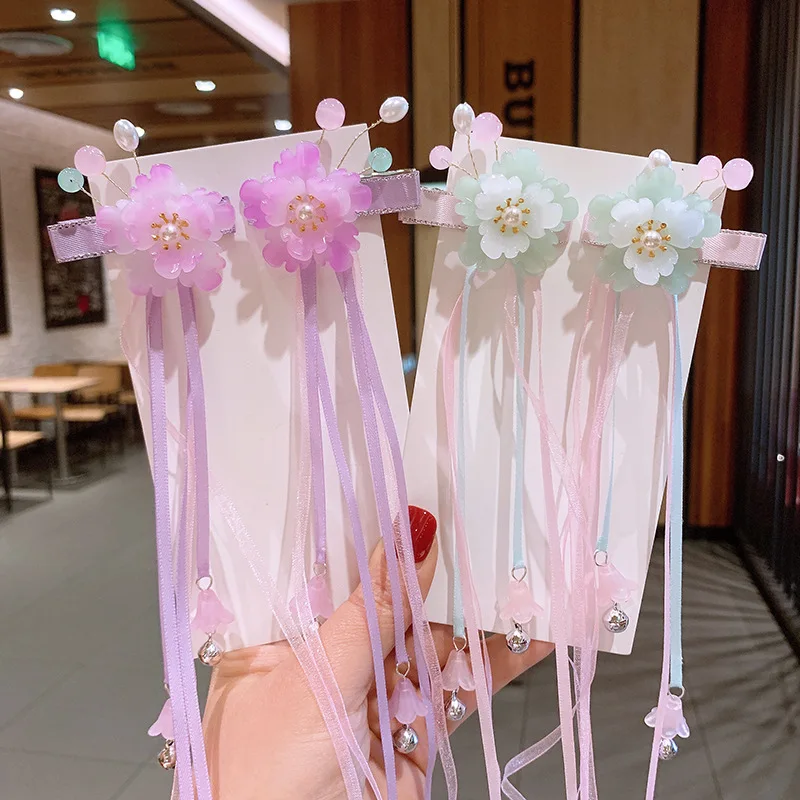 

2 pcs Ancient Fan Flower Hair Clips Long Tassel Hair Clips Hanfu Gril Hair Acceaaory Handmade Hair Clip