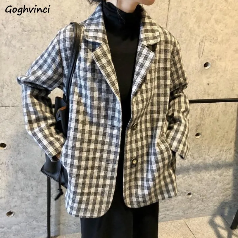 

Autumn Women Plaid Blazers Chic Student BF Ulzzang Notched Simple Single Breasted Leisure Loose Teenager All-match OL Suits Coat