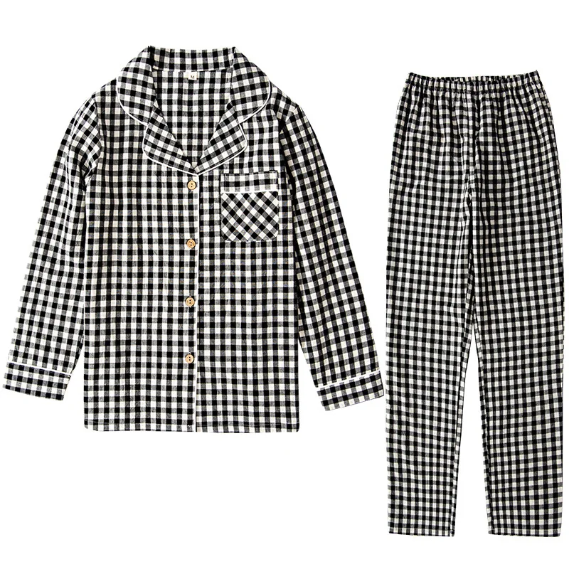 

New Washed Cotton Pajamas Women's Plaid Lapel Sleepwear Women Long Sleeve Long Pants Sexy Nightwear 2 Piece Pijama Home Suit