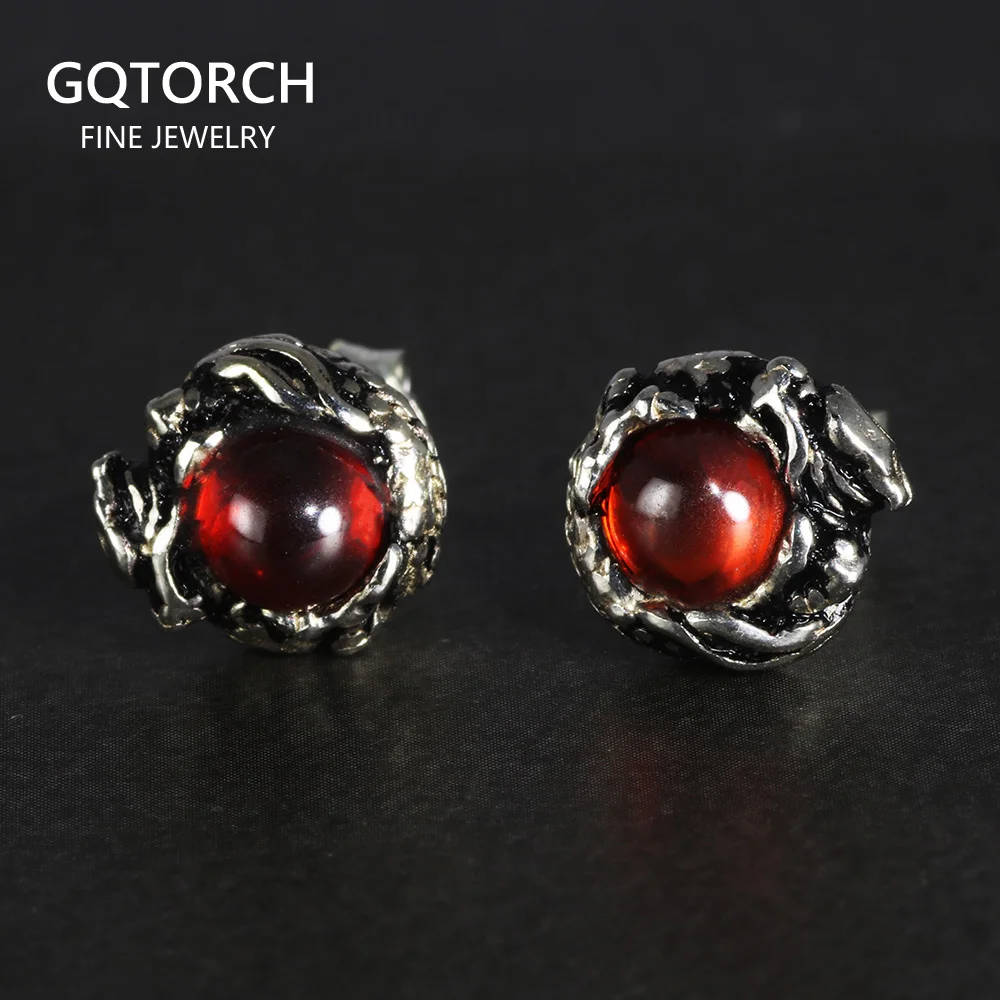 

100% Pure 925 Sterling Silver Stud Earrings for Women Men Dragon Earrings Vintage Skeleton Gothic With Garnet Natural Stone