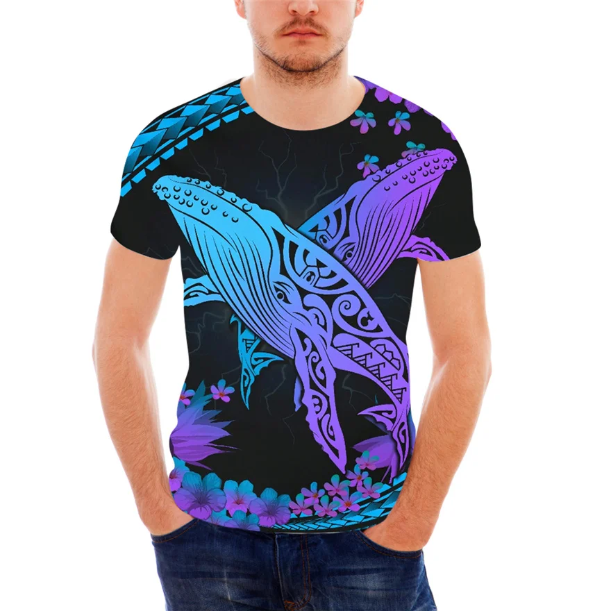 

Doginthehole men t-shirt Polynesian Tribal Whale Printed breathable plus size short sleeve for male round collar clothes top tee