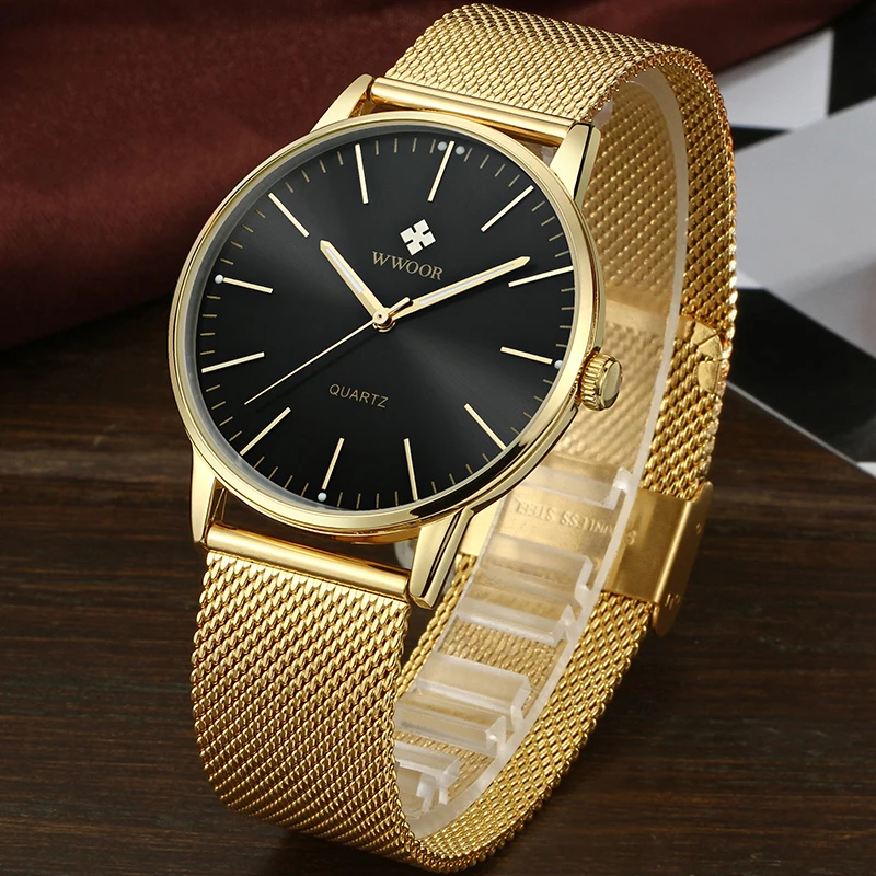 

WWOOR дизайнерские модные ультратонкие кварцевые мужские часы 2022 роскошные золотые стальные сетчатые водонепроницаемые наручные часы подар...