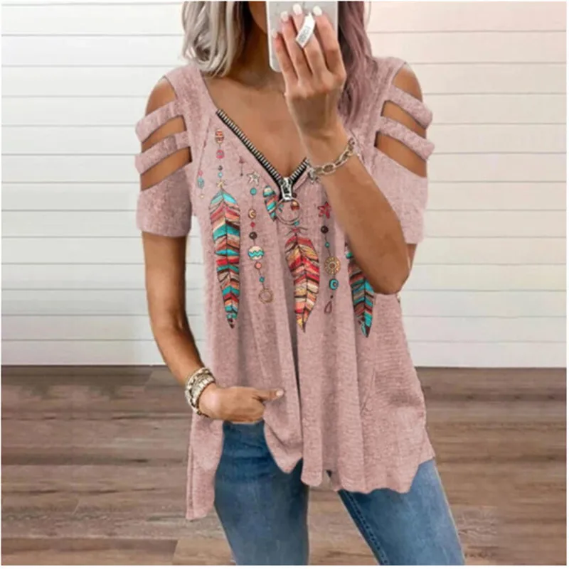 

Oversized T Shirt Women Short Sleev Tops Summer Zipper T-Shirts Casual Floral Graphic Shirts Fashion Ladies Elegant Pullover Top