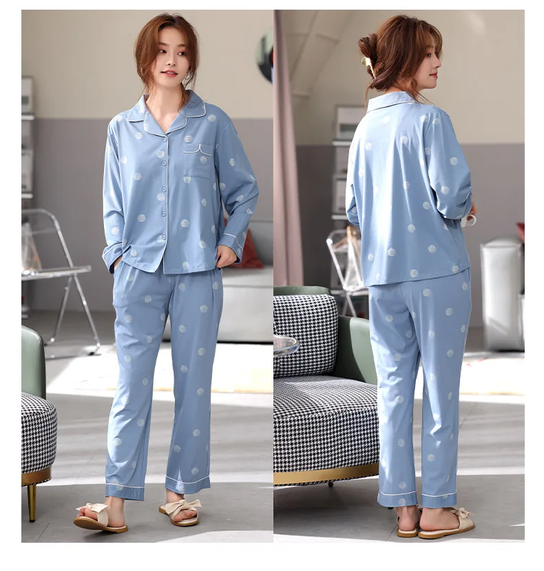 

Cotton Pajamas for Women 2-Piece Set 2021 Spring/Summer New Cardigan Long Sleeve Trousers Nightwear Simple Polka Dot Homewear