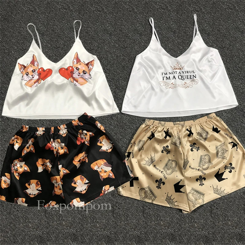 

Sexy Pijamas Frauen Pyjama Set Kigurumi Einhorn Seide Hause Anzug Fox Drucken V Neck Pyjama Frau Femme Nachtwsche Satin