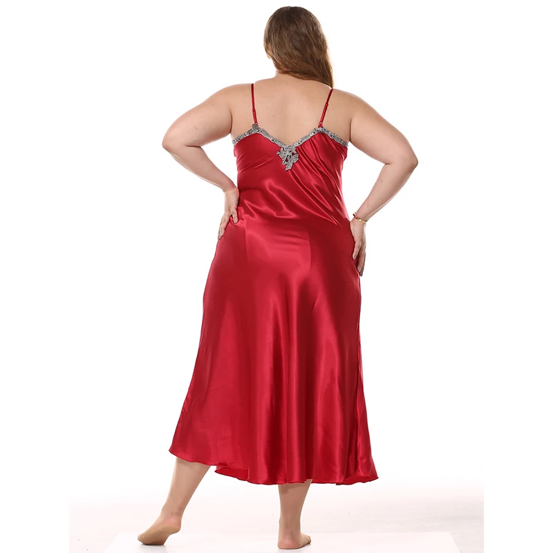 Factory Outlet Satin Silk Nightdress Women's Big Size Imitation Silk Nightgowns Lace Sexy V-Neck Sling Long Sleeping Dress 95051