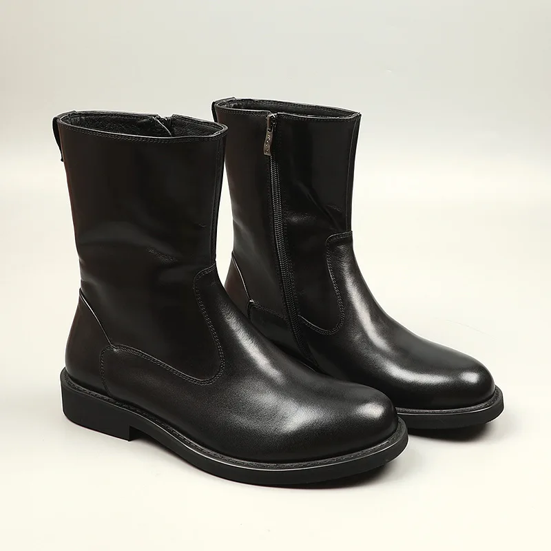 

High Quality Mens Black Genuine Leather Casual Zippers High-Top Thick Bottom Round Toe Vintage Cowhide Winter Warm Ankle Boot
