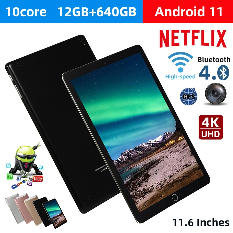 

Планшет Netflix на Android 11, 12 + 512 ГБ, 10,1 дюйма, 4 ядра, Wi-Fi, Bluetooth 5,0