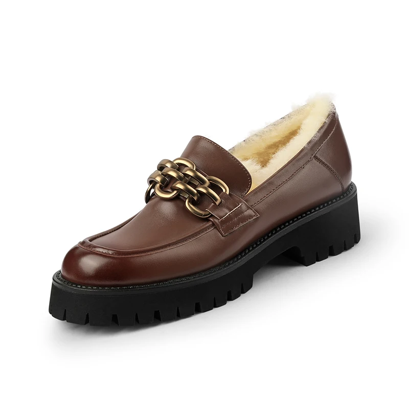 

Winter Genuine Leather Women's Shoes Casual Warm Lambswool Slip-On Loafers Round Toe Chunky Heel Shoes for Women Platform Shoes