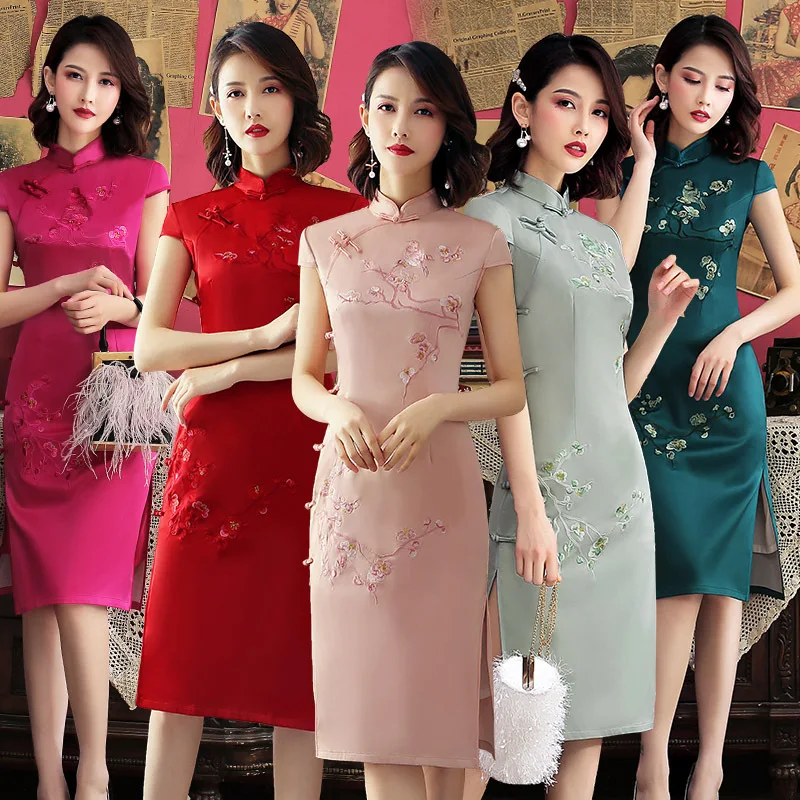 

Ципао Двухслойное с вышивкой, улучшенный стиль Ципао из искусственного шелка, Классический Современный, весна