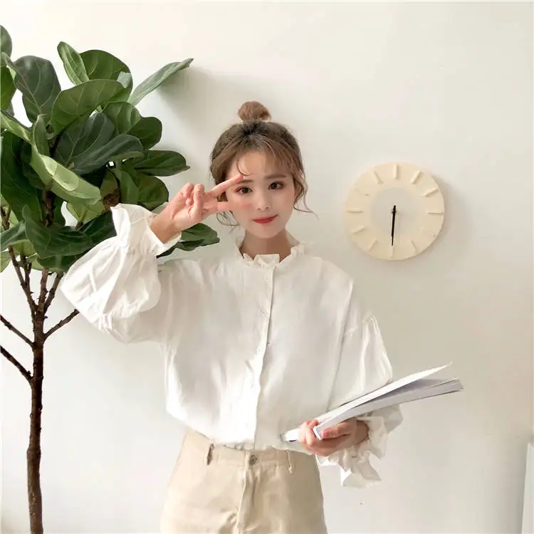 

2020 Japanese-style Student White Shirt Loose Vintage Tops Women Ruffle Casual Preppy Style Woman Flarre Sleeve Cute Blouse