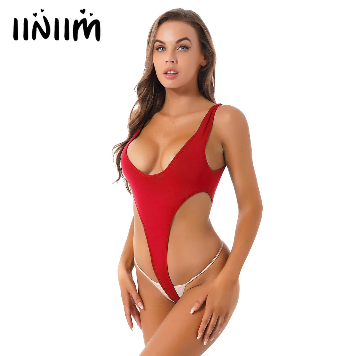 

Women Solid Color Bodysuit Underwear One-piece Swimsuit Scoop Neck Sleeveless Jumpsuit High Cut Thongs Backless Leotard Swimwear