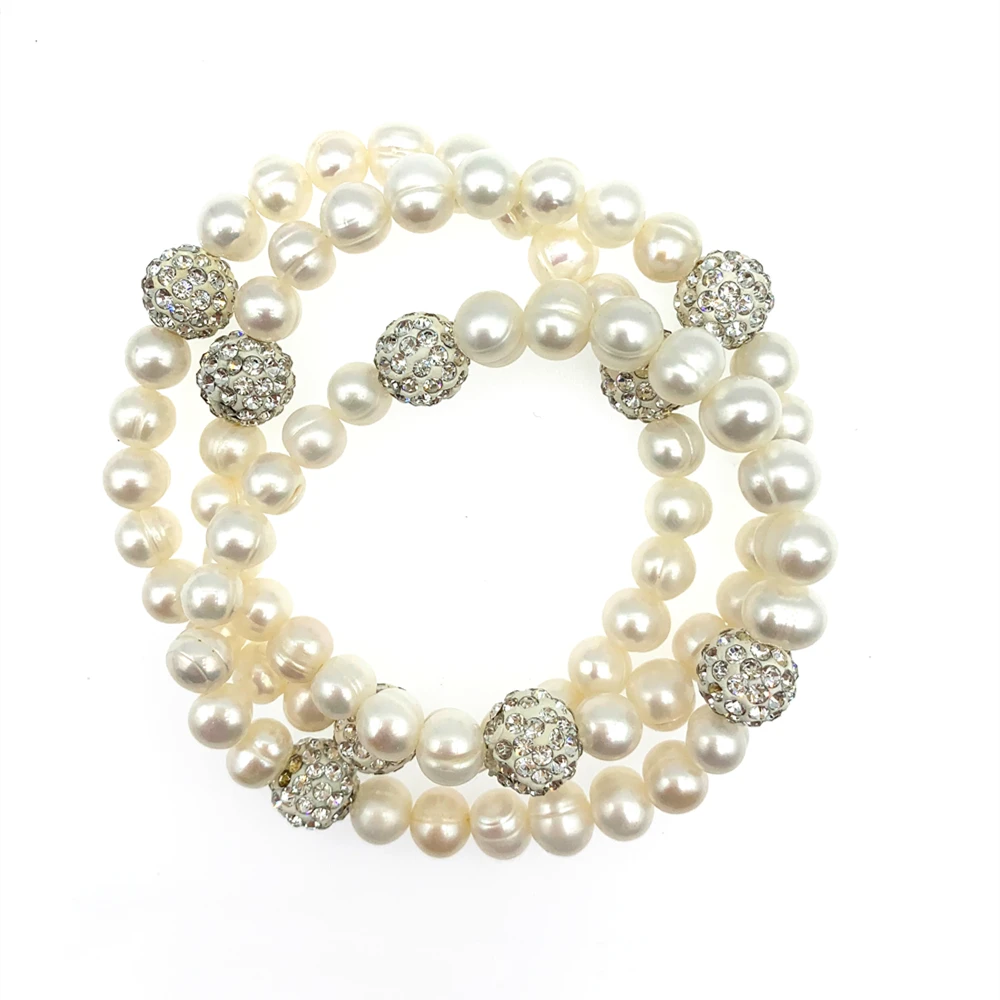

FoLisaUnique 3 In 1 Freshwater Pearls Bracelet With Bling Shiny Balls Stretchy For Women Girls Gift 7.5 Inch