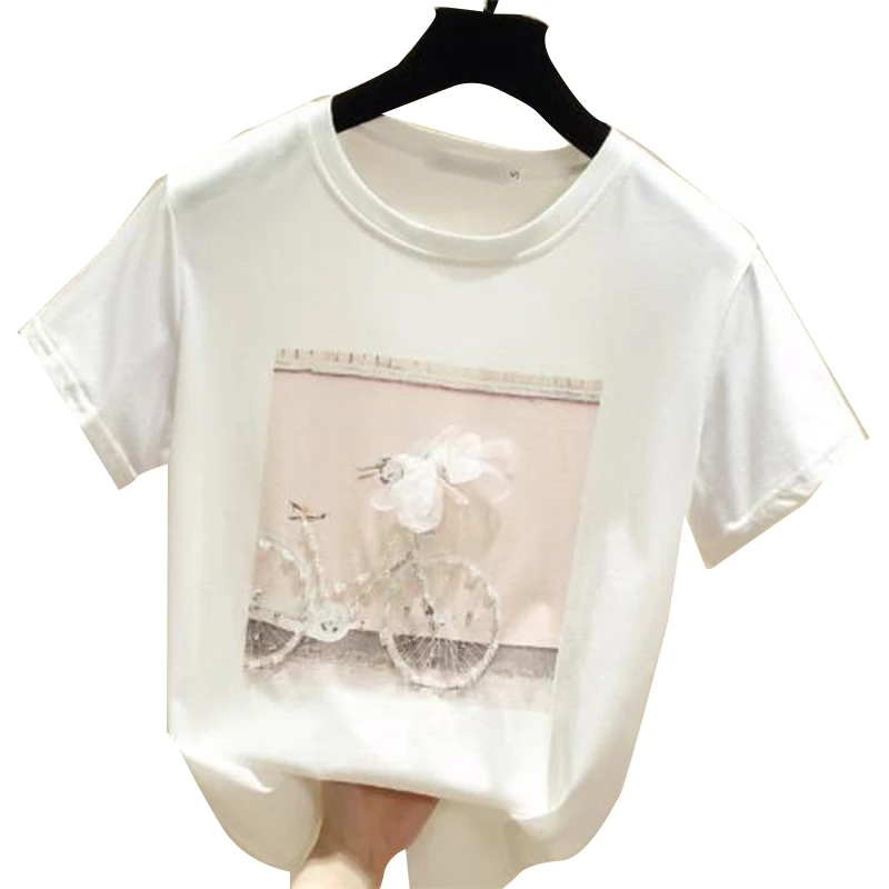 

Women Summer Short Sleeve T-Shirt Female Printing Cotton Shirts Round Neck Tops