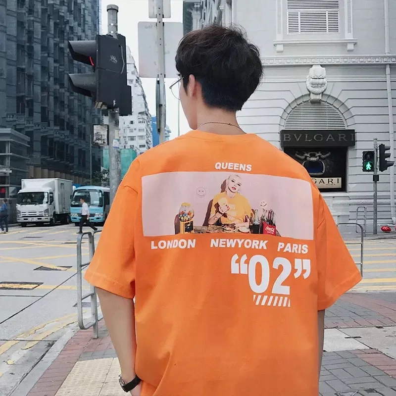 

Summer New Loose Men's Short Sleeve T-shirt Personalized Printed T-shirt Korean Fashion Half Sleeve Hot Sale Package Mail
