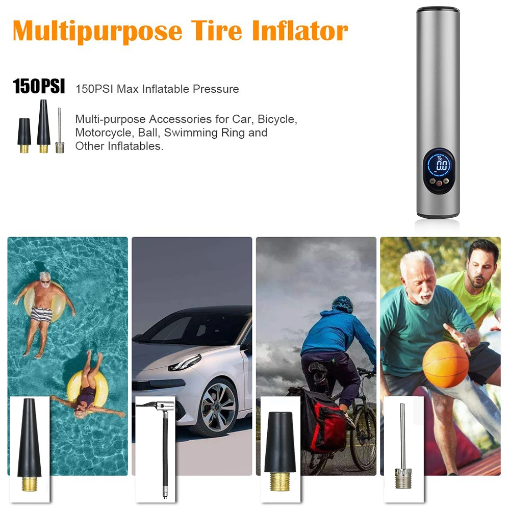 Comprar Mini Compresor De Aire Portátil, Inflador De Neumáticos De Mano, 2000mAh, Con Luz LED LCD Digital, 12V De CA, CC, Batería De Litio, 150psi