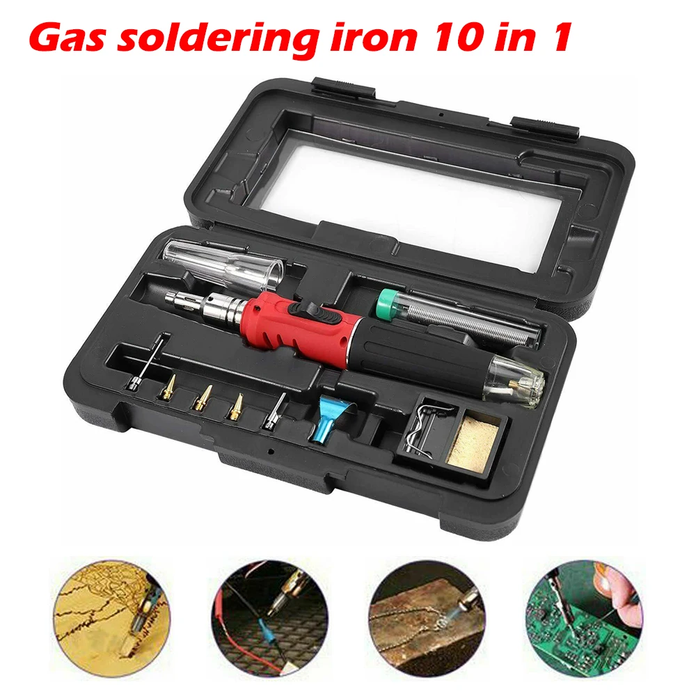 

Комплект газового паяльника 10 в 1, электрическое зажигание, Бутан, сварочные инструменты, ручка, газовый факфонарь, инструменты для горелки