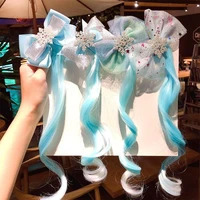 cute hair accessories blue snowflake princess bowtie hair clips for girls hair bows princess kids long wig hairpins
