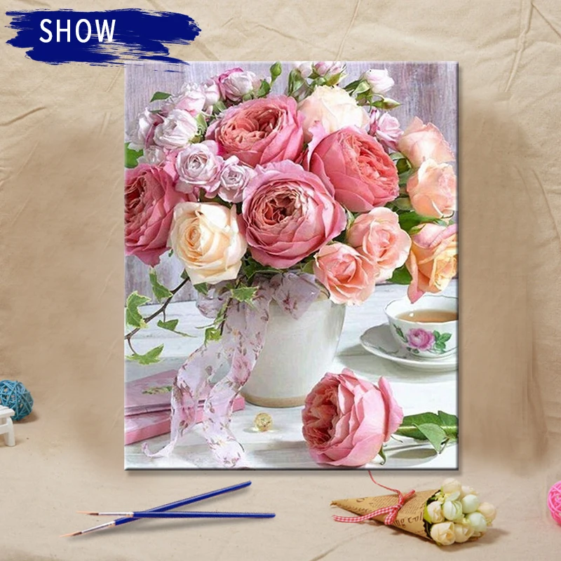Картина по номерам CHENISTORY розовые цветочные наборы для рисования рамка на холсте