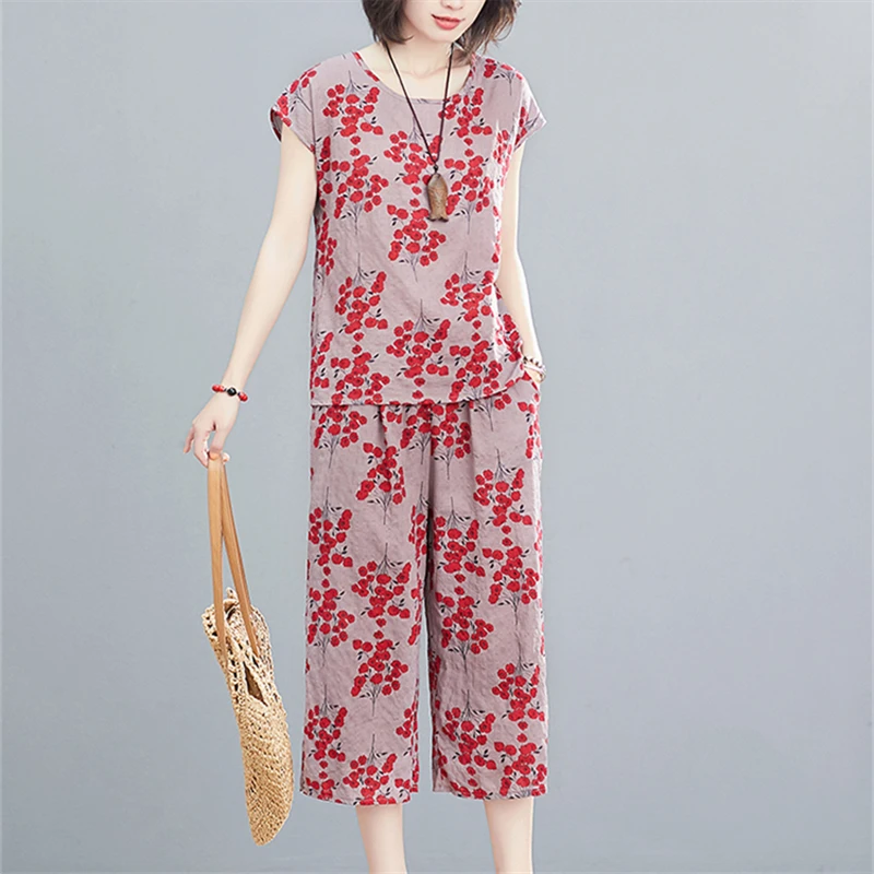 

Casual Cotton And Linen Suit Women's Summer 2020 New Mom Round Neck Top + Loose Plus Size Wide Leg Pants Two-Piece Tide 067