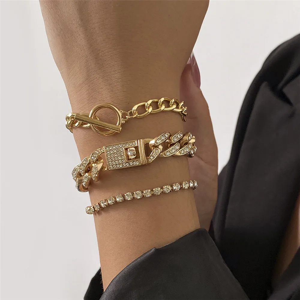 

3Pcs/set Full Iced Out Curb Cuban Chain Bracelets Bangles for Women Crystal Rhinestone Chain Bracelet Set Thick Wrist Jewelry