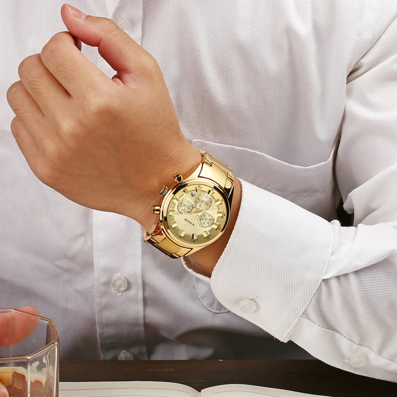 

New WWOOR Mens Watch Top Brand Luxury Gold Watch Men Watch Golden Stainless Steel Military Wristwatch Big Dial Clock Male 2019