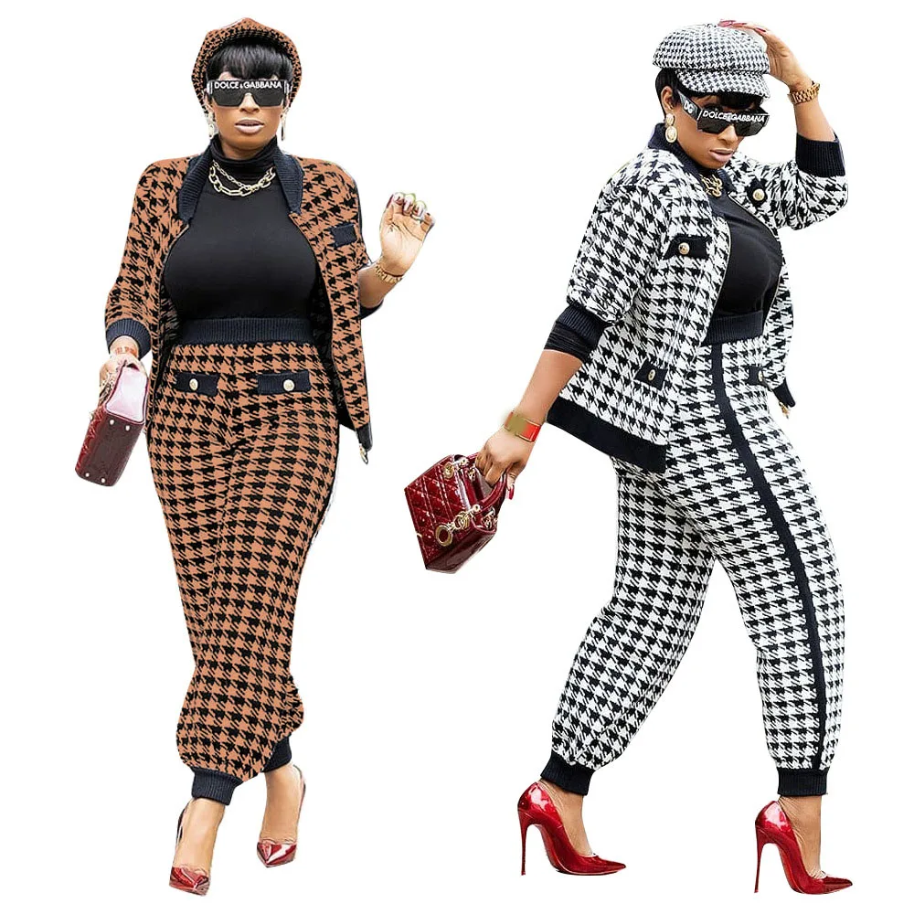 Women's Winter New Style Houndstooth Print Two-Piece Casual Zipper Jacket Jacket + Pants Suit African Rock Style Overalls