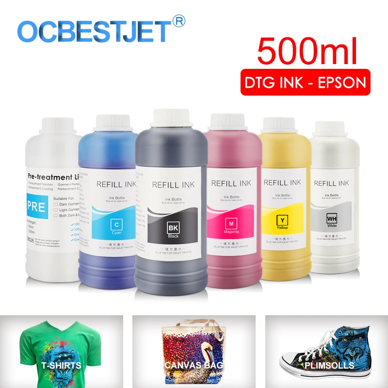 500 мл/набор чернила DTG текстильные чернила для одежды для Epson DX5 DX7 R330 1390 1400 R1900 R2000 F2000 F2100(BK C M Y белая предварительная обработка