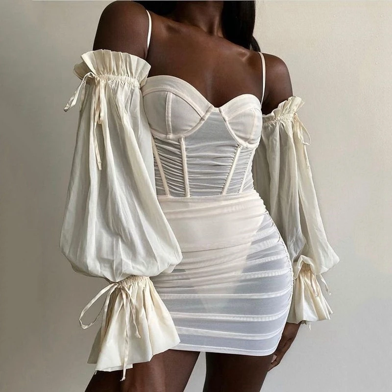 

Sexy Solid Sheer Mesh Patchwork Mini Dress Women Spaghetti Strap Long Petal Sleeves Backless Sexy Mini Dresses Club Party Vestid