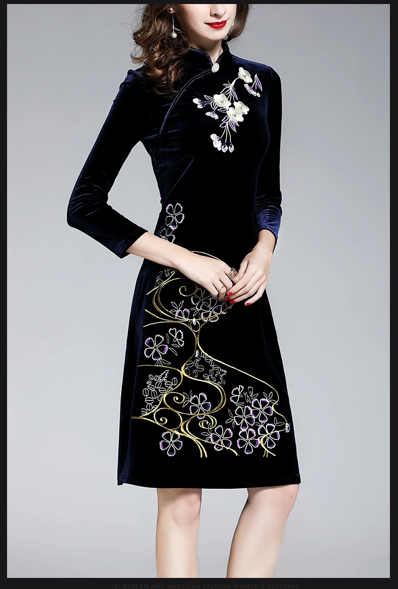 Современный Азиатский стиль вышивка qipao бархат большой Макси 4XL размер вечерние