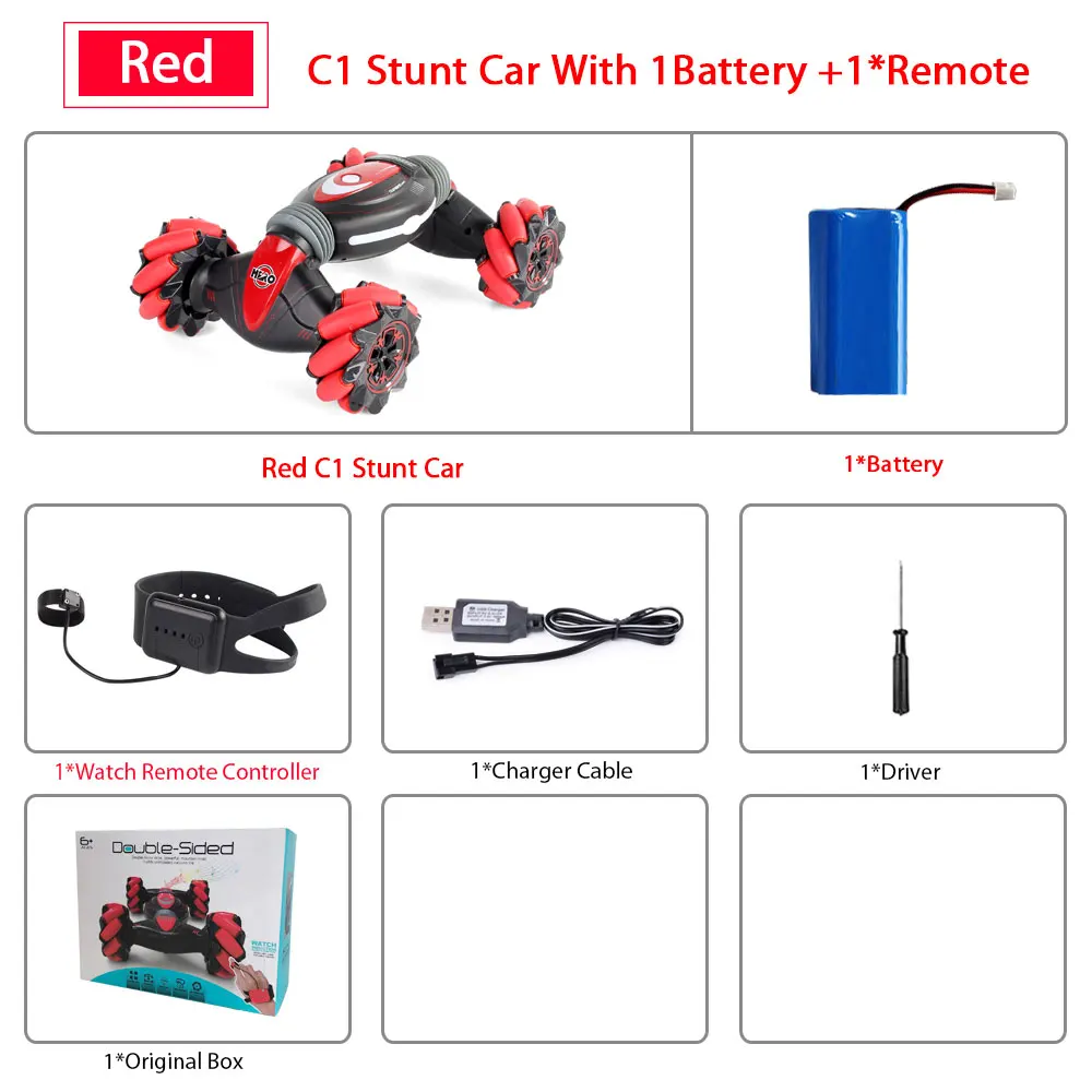 RED 1Remote 1B Remote Control Stunt Car Gesture Induction Twisting Off-Road Vehicle Light Music Drift Dancing Side Driving RC Toy Gift for Kids - Color: RED 1Remote 1B
