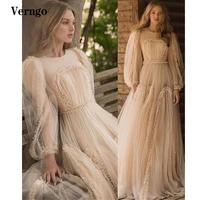 verngo light champagne tulle evening dresses long puff sleeves o neck ruffles fairy prom dress floor length robe de mariage
