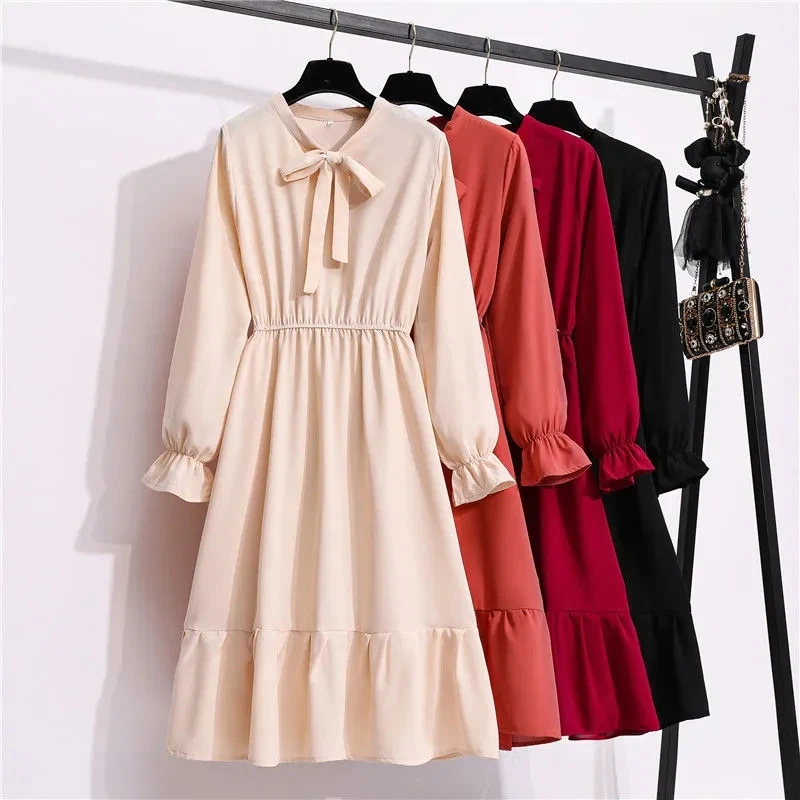 

New flared sleeve high waist bottoming dress 2021 spring and autumn solid color long-sleeved bow tie slim mid-length dress