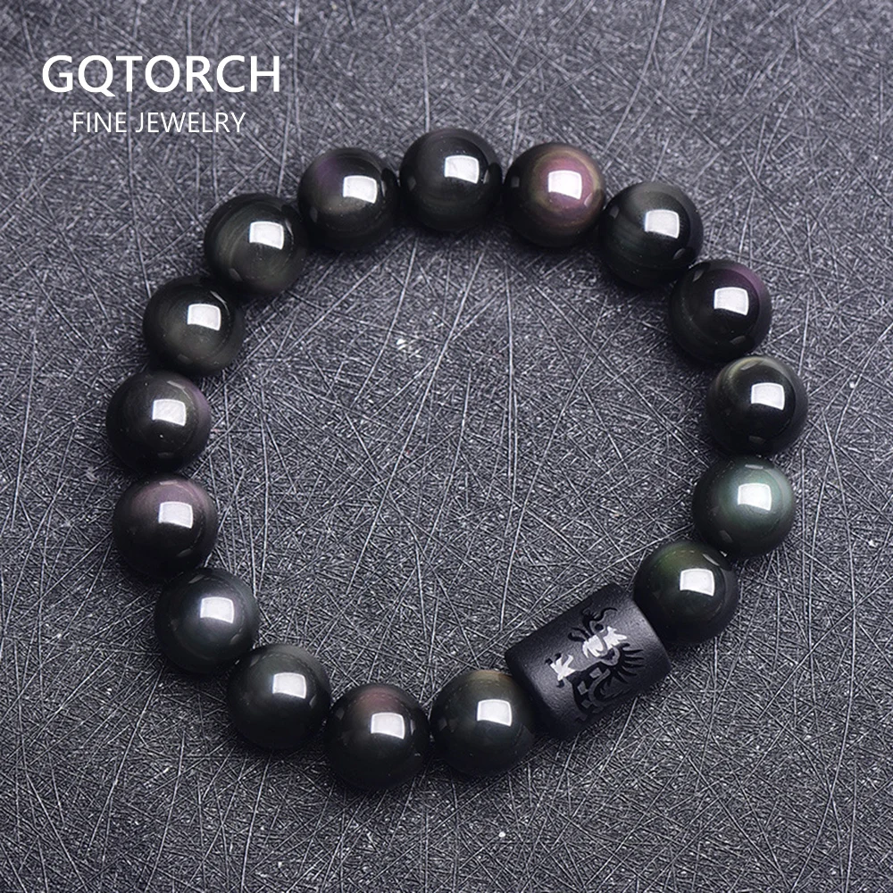 Черный обсидиан натуральный камень Пара Браслеты для мужчин и женщин дракон