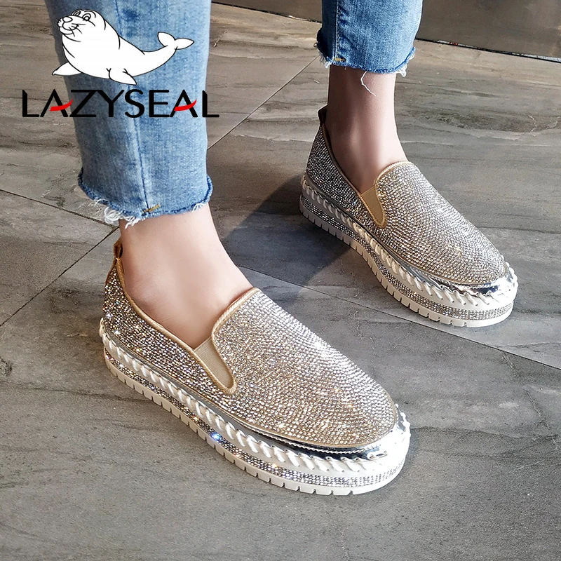 LazySeal с украшением в виде кристаллов бриллиантов Женские туфли-лодочки с украшениями женская обувь Стразы Женская повседневная обувь на платформе с круглыми носками без шнуровки