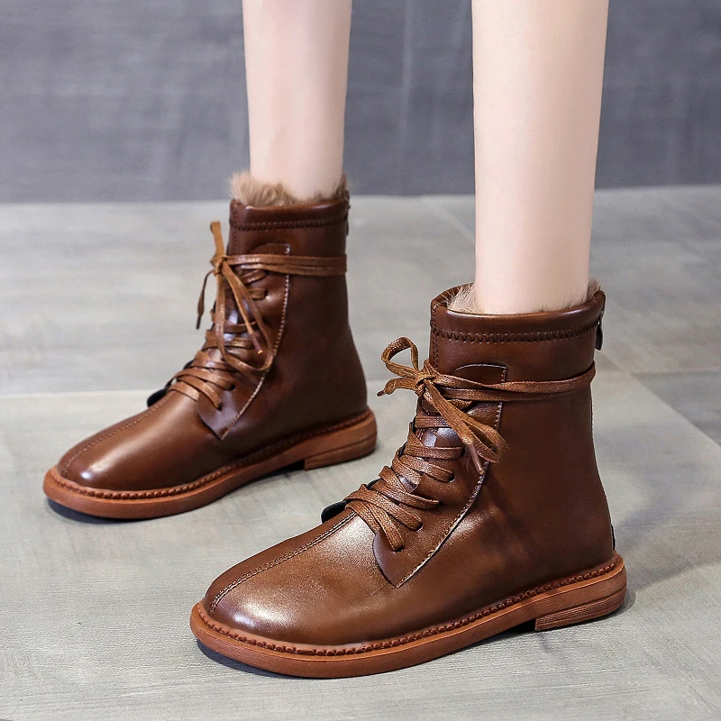 

Warm Women Ankle Boots Lace UP PU Leather Winter Boots Low Heel Snow Boots Short Plush Women Shoes Fashion Light Women Boots