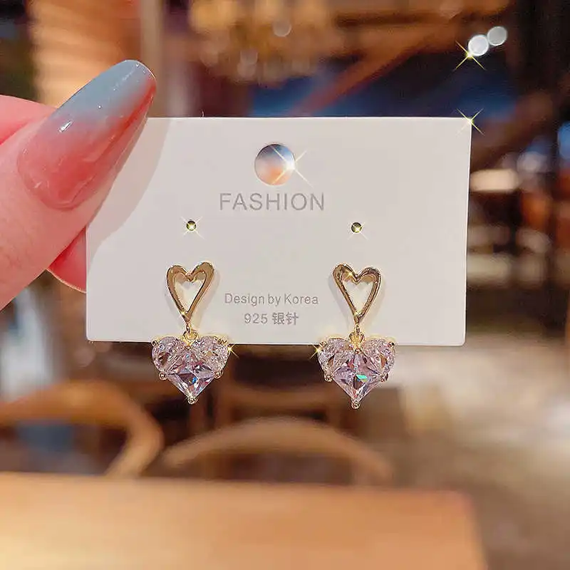 

S925 silver needle super flash temperament simple love Zircon Pendant Earrings women's fashion temperament new Korean Earrings
