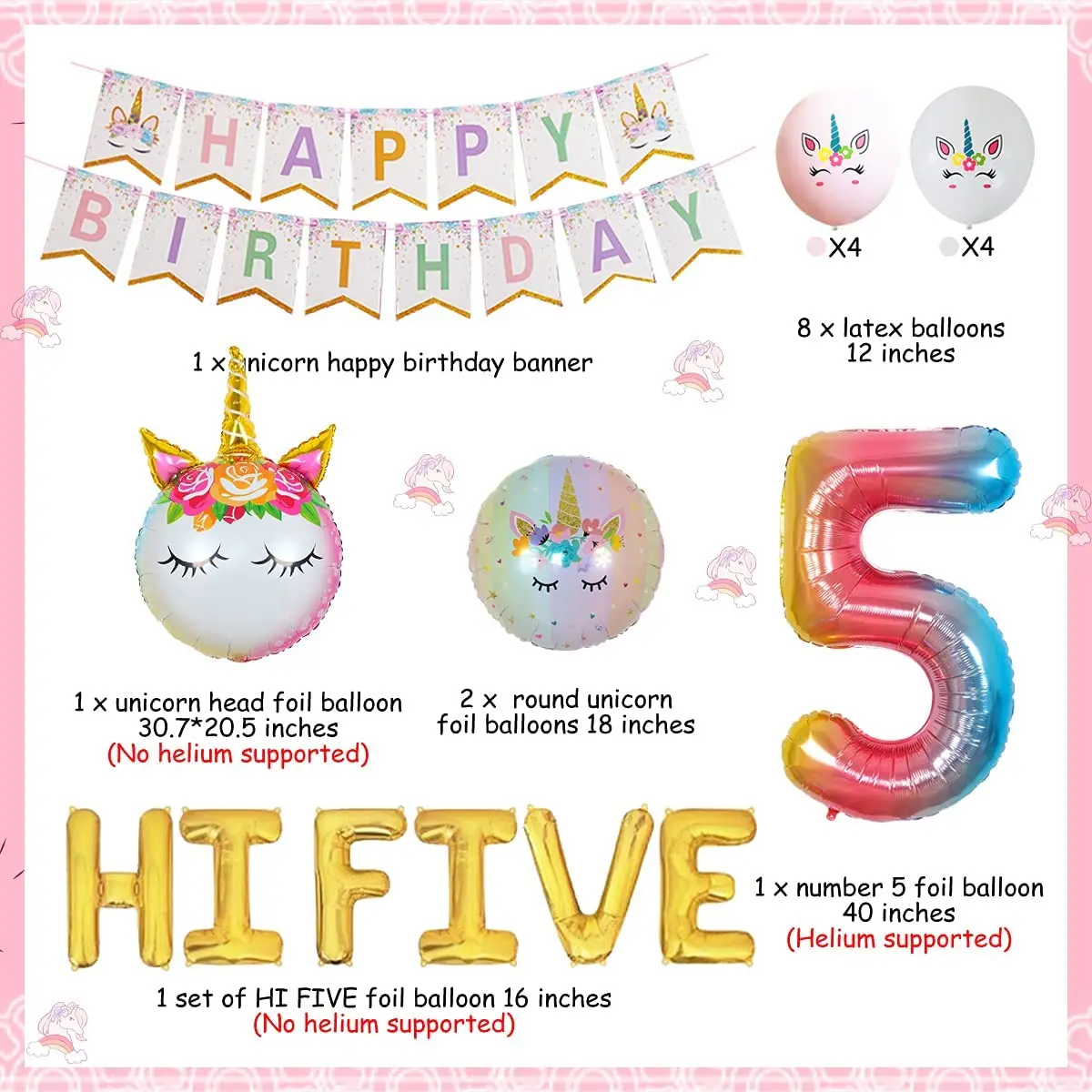 Decoraciones de fiesta de cumplea&ntilde;os para ni&ntilde;as de 5 a&ntilde;os, pancarta de feliz cumplea&ntilde;os, globos de papel de aluminio HI FIVE de unicornio degradado-4