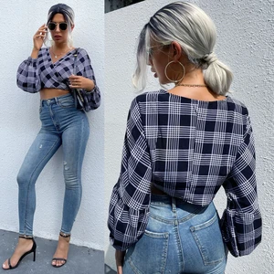 Linchen Deep V Neck Plaid Wrap Crop Top Blouse Women Autumn Fashion Street Style Long Sleeve Sexy Bl
