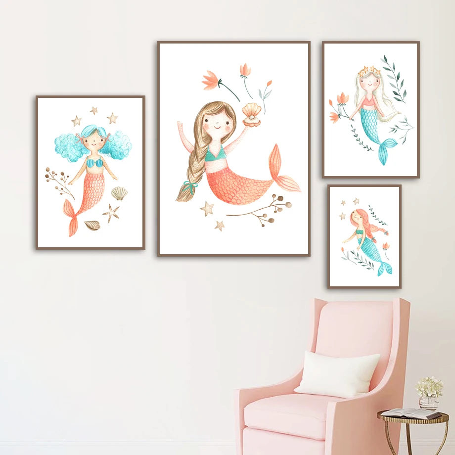 

Cartoon Decorative Painting Mermaid Little Girl Children's Room Decoration Painting Cute Girl Home Canvas Painting Wall Poster