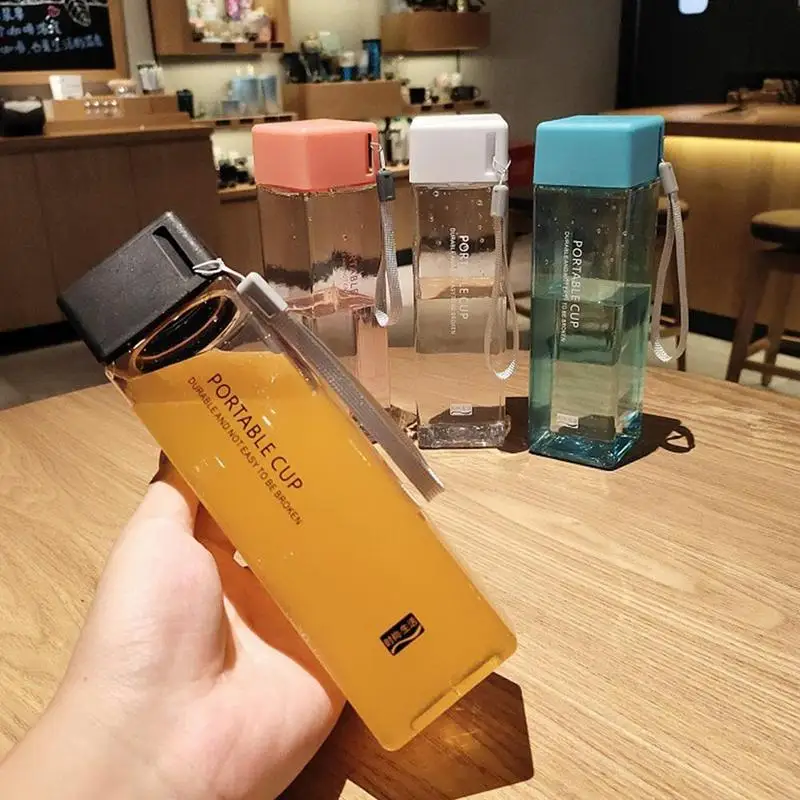 

Food Grade PP Water Bottles 6 Colors Transparent Square Cup Cold Juice Water Sports Cup With Portable Milk Rope Sport Water Cup