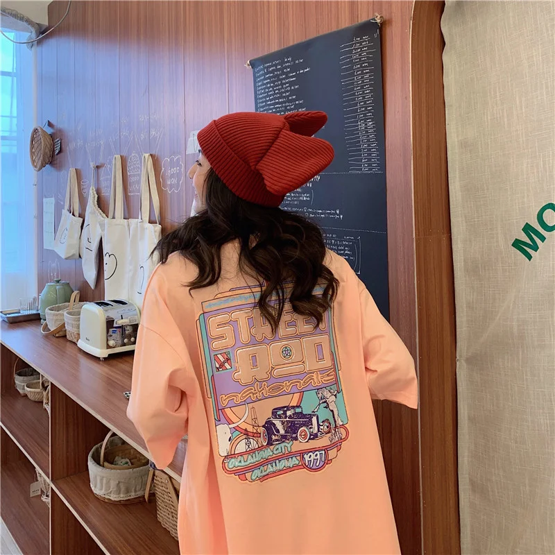 

QNPQYX New Women Casual Loose Oversized T Shirt Women Cartoon Printed Three Quarter Sleeve Tee Shirt Female Streetwear T-shirts