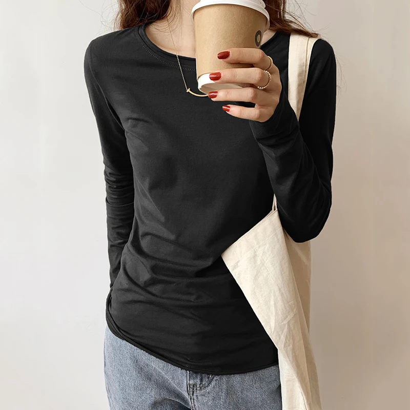 

2021 Autumn New Women T-shirt Casual Round Neck Long Sleeve Slim T Shirt Female Basic Solid Colour All-match Tops