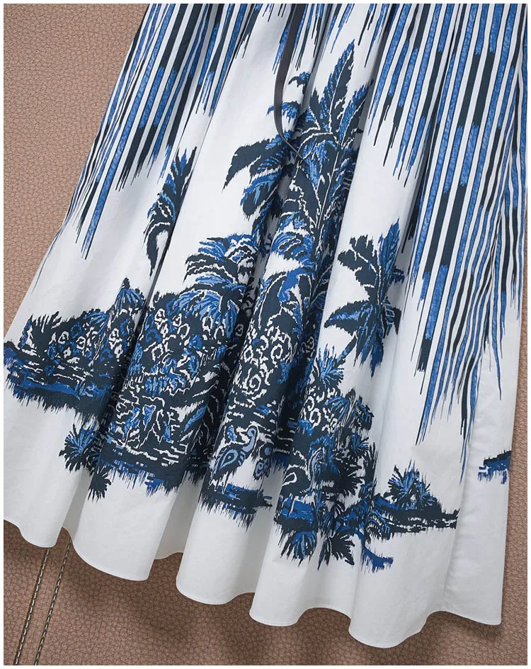 

2021 Summer Women's Dress Retro Striped Palm Grove Printed Poplin Vacation Mid-Length Cotton Dress With Belt Fashion Runway New